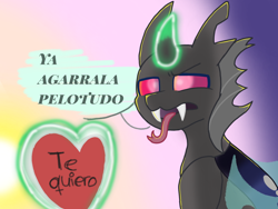 Size: 1440x1080 | Tagged: safe, artist:flower-black, imported from derpibooru, oc, oc:flower black, changeling, fangs, heart, hearts and hooves day, holiday, insult, magic, present, spanish, tongue out, valentine's day