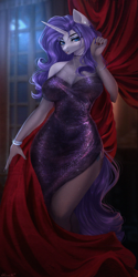 Size: 1000x2000 | Tagged: safe, artist:alicesmitt31, imported from derpibooru, rarity, anthro, unicorn, bedroom eyes, big breasts, bracelet, breasts, cleavage, clothes, dress, evening gloves, eyeshadow, female, gloves, horn, jewelry, lipstick, long gloves, looking at you, makeup, nail polish, solo