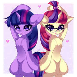 Size: 3000x3000 | Tagged: safe, artist:monstrum, imported from derpibooru, moondancer, twilight sparkle, pony, unicorn, cute, duo, female, heart, holiday, lesbian, shipping, twiabetes, twidancer, valentine's day