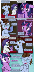 Size: 1920x4080 | Tagged: safe, artist:alexdti, imported from derpibooru, rarity, twilight sparkle, oc, oc:malachi maker, alicorn, earth pony, pony, unicorn, comic:misery loves company, comic, crossed hooves, dialogue, ears back, earth pony oc, eyebrows, eyes closed, female, folded wings, glasses, high res, hooves, horn, lidded eyes, male, mare, open mouth, open smile, raised eyebrow, raised hoof, smiling, speech bubble, stallion, twilight sparkle (alicorn), underhoof, wings