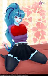 Size: 634x1000 | Tagged: safe, alternate version, artist:clouddg, imported from derpibooru, sonata dusk, human, equestria girls, clothes, heart, heart pillow, holiday, hug, kneeling, open mouth, open smile, pillow, pillow hug, skirt, smiling, socks, textless, thigh highs, valentine's day, zettai ryouiki