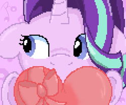 Size: 1200x1000 | Tagged: safe, artist:reinbou, imported from derpibooru, starlight glimmer, pony, unicorn, heart, hearts and hooves day, holiday, pixel art, present, simple background, solo, valentine's day