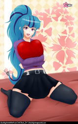 Size: 634x1000 | Tagged: safe, alternate version, artist:clouddg, imported from derpibooru, sonata dusk, human, equestria girls, clothes, heart, heart pillow, holiday, hug, human coloration, kneeling, open mouth, open smile, pillow, pillow hug, skirt, smiling, socks, speech bubble, textless, thigh highs, valentine's day, zettai ryouiki