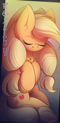 Size: 1055x2160 | Tagged: safe, artist:miryelis, imported from derpibooru, part of a set, applejack, earth pony, pony, applejack's hat, big ears, cowboy hat, cute, element of honesty, eyes closed, full body, gradient background, hat, impossibly large ears, jackabetes, long hair, signature, smiling, solo, text