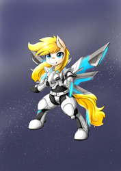 Size: 6656x9414 | Tagged: safe, artist:hponimator, imported from derpibooru, oc, oc only, oc:guardian dreamer, pegasus, pony, abstract background, armor, artificial wings, augmented, bipedal, fantasy class, mechanical wing, phantasy star, phantasy star online 2, power armor, solo, space, warrior, wings