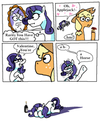 Size: 3144x3960 | Tagged: safe, artist:punkittdev, imported from derpibooru, applejack, rarity, earth pony, unicorn, alcohol, apple, comic, female, food, holiday, horsecomix, lesbian, mirror, rarijack, shipping, simple background, valentine you're a horse, valentine's day, white background, wine