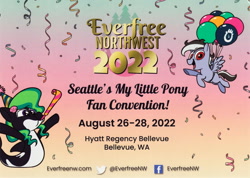 Size: 2090x1490 | Tagged: safe, imported from derpibooru, oc, oc only, oc:marina (efnw), oc:sharp focus, balloon, confetti, everfree northwest, everfree northwest 2022, gradient background, hat, party hat, party horn, san diego comic con