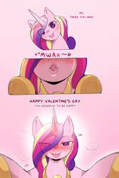 Size: 960x1440 | Tagged: safe, artist:cold-blooded-twilight, imported from derpibooru, princess cadance, alicorn, pony, bedroom eyes, blushing, comic, dialogue, drool, drool string, eye clipping through hair, eyebrows, eyebrows visible through hair, female, holiday, hoof shoes, kissing, looking at you, mare, offscreen character, open mouth, open smile, peytral, pov, princess of love, smiling, smiling at you, tongue out, valentine's day