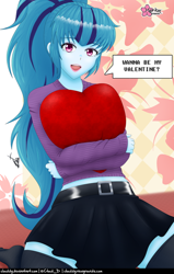Size: 634x1000 | Tagged: safe, alternate version, artist:clouddg, imported from derpibooru, sonata dusk, human, equestria girls, bronybait, close-up, clothes, heart, heart pillow, holiday, hug, kneeling, open mouth, pillow, pillow hug, skirt, socks, speech bubble, talking to viewer, thigh highs, valentine's day, zettai ryouiki