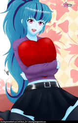 Size: 634x1000 | Tagged: safe, alternate version, artist:clouddg, imported from derpibooru, sonata dusk, human, equestria girls, close-up, clothes, heart, heart pillow, holiday, hug, kneeling, open mouth, open smile, pillow, pillow hug, skirt, smiling, socks, speech bubble, talking to viewer, thigh highs, valentine's day, zettai ryouiki