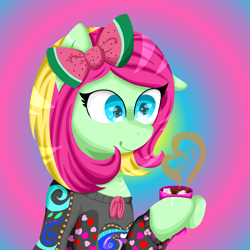 Size: 2022x2022 | Tagged: safe, artist:lindasaurie, imported from derpibooru, oc, oc only, oc:strawi dinosaur, earth pony, pony, bow, bust, chocolate, clothes, cup, earth pony oc, food, hair bow, high res, holiday, hot chocolate, lineless, smiling, solo, sweater, valentine's day