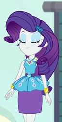 Size: 553x1080 | Tagged: safe, imported from derpibooru, screencap, rarity, human, equestria girls, equestria girls series, rollercoaster of friendship, cropped, cute, diamonds, eyes closed, female, geode of shielding, gold, hairclip, jewelry, magical geodes, outdoors, raribetes, rarity peplum dress, smiling, waistband, wrist cuffs