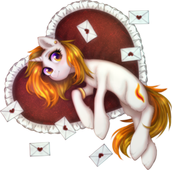 Size: 2005x1977 | Tagged: safe, artist:avrameow, imported from derpibooru, oc, oc only, oc:aurora shinespark, pony, unicorn, commission, cute, ear fluff, ear piercing, earring, eyeshadow, female, heart, heart pillow, horn, jewelry, letter, looking at you, lying down, makeup, mare, piercing, pillow, simple background, solo, transparent background, unicorn oc, ych result