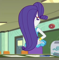 Size: 1060x1080 | Tagged: safe, edit, edited screencap, imported from derpibooru, screencap, rarity, human, equestria girls, equestria girls series, happily ever after party, clothes, cropped, dress, hand on hip, happily ever after party: rarity, rarity peplum dress, sleeveless, sleeveless dress