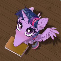 Size: 1200x1200 | Tagged: safe, artist:eiirine, imported from derpibooru, twilight sparkle, alicorn, pony, big eyes, blushing, book, cute, didn't i do it for you, ear fluff, heart, heart eyes, hoers, looking at you, meme, mouth hold, solo, spread wings, twiabetes, twilight sparkle (alicorn), wingding eyes, wings