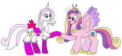 Size: 3196x1481 | Tagged: safe, artist:supahdonarudo, imported from derpibooru, fleur-de-lis, princess cadance, alicorn, unicorn, blushing, bow, clothes, emanata, holding hooves, holiday, open mouth, open smile, saddle, shocked, simple background, smiling, socks, spread wings, striped socks, tack, transparent background, valentine's day, wings