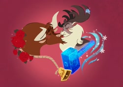 Size: 2822x2000 | Tagged: safe, artist:lindsay towns, imported from derpibooru, bull, deer, them's fightin' herds, antlers, bell, blushing, community related, duo, eyes closed, flower, gay, hammer, holiday, horns, infidelity, kiss on the lips, kissing, male, pink background, red background, rope, rose, simple background, snow, snowflake, sparkles, stronghoof hoofstrong (tfh), texas (tfh), valentine's day