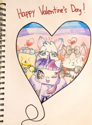 Size: 2075x2826 | Tagged: safe, artist:dracodenblaze, imported from derpibooru, twilight sparkle, alicorn, beatcats, holiday, jewelpet, larimar (jewelpet), sapphie, traditional art, twilight sparkle (alicorn), valentine's day