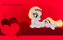 Size: 3156x2028 | Tagged: safe, artist:badumsquish, derpibooru exclusive, imported from derpibooru, oc, oc only, living hieroglyph, monster pony, original species, pony, bedroom eyes, draw me like one of your french girls, ear piercing, earring, egyptian, egyptian pony, eye of horus, female, headband, heart, hieroglyphics, holiday, jewelry, looking at you, lying down, painting, piercing, pose, prone, smiling, solo, tail, tail wrap, trap (device), valentine, valentine's day, valentine's day card