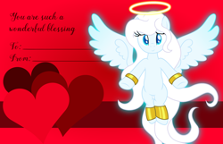 Size: 3156x2028 | Tagged: safe, artist:badumsquish, derpibooru exclusive, imported from derpibooru, oc, oc only, oc:zophiel, angel pony, original species, angel, bangles, bipedal, blushing, bracelet, female, floating wings, glowing, gold, halo, heart, holiday, jewelry, long eyelashes, long mane, mare, open arms, show accurate, smiling, solo, spread wings, valentine, valentine's day, valentine's day card, wings