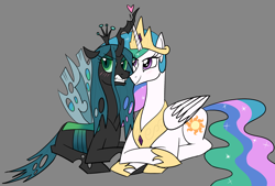 Size: 3100x2100 | Tagged: safe, artist:nonameorous, imported from derpibooru, princess celestia, queen chrysalis, alicorn, changeling, angry, blushing, chryslestia, crossed hooves, crown, duo, fangs, female, gray background, heart, high res, jewelry, lesbian, looking away, princess chrysalis, princess necklestia, regalia, shipping, simple background, sitting, smiling, teeth