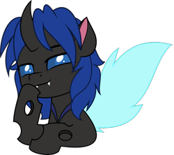 Size: 5633x5000 | Tagged: safe, artist:jhayarr23, imported from derpibooru, oc, oc only, oc:swift dawn, changeling, absurd resolution, blue changeling, blue eyes, changeling oc, commission, cute, fangs, hoof on chin, horn, looking at you, simple background, smiling, smug, toothy grin, transparent background, wings, ych result