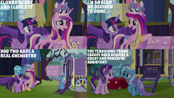 Size: 2000x1125 | Tagged: safe, edit, edited screencap, editor:quoterific, imported from derpibooru, screencap, princess cadance, princess flurry heart, starlight glimmer, trixie, twilight sparkle, alicorn, pony, road to friendship, chest, trixie's wagon, twilight sparkle (alicorn), wagon