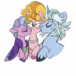 Size: 4000x4000 | Tagged: safe, artist:fizzlefer, imported from derpibooru, queen haven, earth pony, pegasus, pony, unicorn, adoraphyllis, alphabittle blossomforth, alphahavenllis, bisexual, bisexual female, bust, cheek kiss, cute, eyes closed, female, freckles, g5, kiss sandwich, kissing, lesbian, male, phyllis cloverleaf, polyamory, simple background, stallion, straight, white background