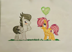 Size: 2256x1633 | Tagged: safe, artist:blackwo96777748, imported from derpibooru, rumble, scootaloo, pegasus, pony, balloon, base used, blush sticker, blushing, duo, female, grass, heart, heart balloon, male, romance, rumbloo, shipping, simple background, straight, traditional art