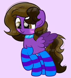 Size: 945x1035 | Tagged: safe, artist:sugarcloud12, imported from derpibooru, oc, oc only, oc:hannah, pegasus, pony, clothes, female, mare, purple background, simple background, socks, solo, striped socks