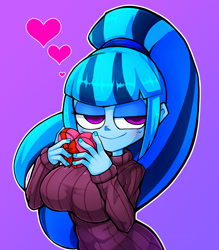 Size: 1350x1543 | Tagged: safe, artist:kyouman1010, imported from derpibooru, sonata dusk, human, equestria girls, bedroom eyes, big breasts, breasts, busty sonata dusk, chocolate, clothes, food, gradient background, heart, holiday, huge breasts, lidded eyes, smiling, sweater, sweater puppies, valentine's day