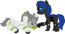 Size: 7404x3981 | Tagged: safe, artist:ponyrailartist, imported from derpibooru, oc, oc:greenline, oc:swift dawn, changeling, object pony, original species, pony, train pony, unicorn, blue changeling, blue eyes, boop, changeling oc, commission, duo, fangs, happy, high res, horn, lying down, male, ponified, prone, silly, simple background, smiling, train, transparent background, wingless, yellow eyes
