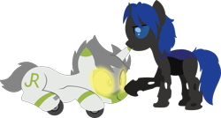 Size: 7404x3981 | Tagged: safe, artist:ponyrailartist, imported from derpibooru, oc, oc:greenline, oc:swift dawn, changeling, object pony, original species, pony, train pony, unicorn, blue changeling, blue eyes, boop, changeling oc, commission, duo, fangs, glowing, glowing eyes, happy, high res, horn, lying down, male, ponified, prone, silly, simple background, smiling, train, transparent background, wingless, yellow eyes