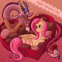 Size: 1080x1080 | Tagged: safe, artist:tashidelashi, imported from derpibooru, discord, fluttershy, draconequus, pegasus, pony, chocolate, discoshy, female, flower, food, hearts and hooves day, holiday, male, rose, shipping, straight, valentine's day