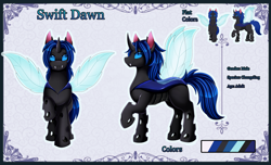 Size: 4152x2529 | Tagged: safe, artist:pridark, imported from derpibooru, oc, oc only, oc:swift dawn, changeling, blue changeling, blue eyes, changeling oc, color palette, commission, fangs, high res, horn, male, multiple views, raised hoof, reference sheet, simple background, smiling, solo, standing, violet background, wings