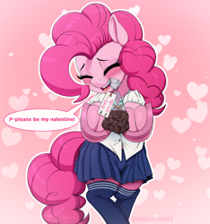 Size: 3282x3500 | Tagged: safe, artist:dibujito, imported from derpibooru, pinkie pie, earth pony, pony, blushing, bowtie, bronybait, chocolate, clothes, female, food, holiday, looking at you, mare, school uniform, shirt, skirt, socks, talking to viewer, thigh highs, valentine's day, zettai ryouiki