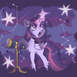 Size: 1280x1280 | Tagged: safe, artist:tasiashoe, imported from derpibooru, twilight sparkle, alicorn, pony, chest fluff, constellation, female, fluffy, glowing, glowing horn, horn, looking up, mare, open mouth, solo, stars, telescope, twilight sparkle (alicorn)