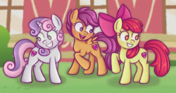 Size: 1041x549 | Tagged: safe, artist:memethyst-art, imported from derpibooru, apple bloom, scootaloo, sweetie belle, earth pony, pegasus, pony, unicorn, apple bloom's bow, bow, cutie mark crusaders, februpony, female, filly, foal, hair bow