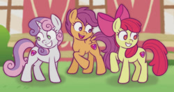 Size: 1041x549 | Tagged: safe, alternate version, artist:memethyst-art, imported from derpibooru, apple bloom, scootaloo, sweetie belle, earth pony, pegasus, pony, unicorn, apple bloom's bow, bow, cutie mark crusaders, februpony, female, filly, foal, hair bow