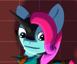 Size: 1800x1500 | Tagged: safe, artist:the crystal artist, derpibooru exclusive, imported from derpibooru, earth pony, pony, alternate hairstyle, alternate universe, armor, brick wall, fake horn, female, g5, happy, helmet, jazz hooves, lineless, looking at you, mare, nightmare jazz, shading, smiling, smiling at you, solo, there was an attempt