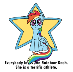 Size: 720x712 | Tagged: safe, artist:aprilfools, rainbow dash, pegasus, pony, /bale/, female, folded wings, homestar runner, looking at you, mare, simple background, sitting, solo, stars, text, white background, wings