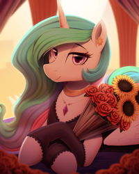 Size: 2400x3000 | Tagged: safe, artist:thebatfang, princess celestia, alicorn, pony, backlighting, bed, blurred background, bouquet, bouquet of flowers, clothes, dress, ear piercing, earring, female, flower, jewelry, laying on bed, looking at you, mare, necklace, on bed, piercing, rose, smiling, solo, sunflower