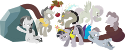 Size: 1920x779 | Tagged: safe, artist:alexdti, imported from derpibooru, applejack, discord, fluttershy, pinkie pie, rainbow dash, rarity, tom, twilight sparkle, pony, unicorn, apple, big crown thingy, discorded, element of magic, food, jewelry, mane six, regalia, simple background, transparent background, unicorn twilight