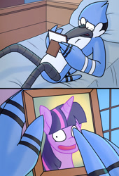 Size: 872x1280 | Tagged: safe, artist:blueballs, imported from twibooru, twilight sparkle, bird, blue jay, pony, unicorn, bed, crossover, crossover shipping, crying, female, image, laying on bed, male, mordecai, mordetwi, needs more jpeg, on bed, regular show, shipping, straight, wolverine crush