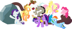 Size: 1920x779 | Tagged: safe, alternate version, artist:alexdti, imported from derpibooru, applejack, discord, fluttershy, pinkie pie, rainbow dash, rarity, tom, twilight sparkle, pony, unicorn, apple, big crown thingy, element of magic, food, jewelry, mane six, regalia, simple background, transparent background, unicorn twilight