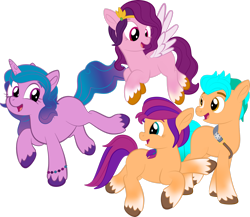 Size: 1920x1670 | Tagged: safe, artist:alexdti, imported from derpibooru, hitch trailblazer, izzy moonbow, pipp petals, sunny starscout, pony, g5, simple background, transparent background
