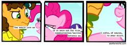 Size: 720x261 | Tagged: safe, edit, edited screencap, imported from ponybooru, screencap, cheese sandwich, pinkie pie, earth pony, pinkie pride, a softer world, cheesepie, comic, female, grin, looking at each other, male, mare, screencap comic, shipping, smiling, stallion, straight, text