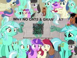 Size: 1663x1247 | Tagged: artist needed, safe, edit, imported from derpibooru, bon bon, lyra heartstrings, octavia melody, roseluck, sweetie drops, 1000 hours in gimp, bojack horseman, collage, depressed, editor needed, food, frown, horrified, irl, oats, photo, qr code, sad, shocked, shocked expression