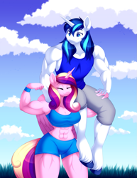 Size: 1013x1310 | Tagged: safe, artist:scarlet-spectrum, imported from derpibooru, princess cadance, shining armor, anthro, unguligrade anthro, abs, biceps, clothes, eyes closed, female, flexing, husband and wife, lifting, male, muscles, muscular female, muscular male, princess ca-dense, shiningcadance, shipping, shorts, smiling, sports bra, sports shorts, straight, swelling armor