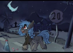 Size: 1418x1038 | Tagged: safe, artist:tasiashoe, imported from derpibooru, oc, oc only, bat pony, pony, fallout equestria, road sign, solo, unshorn fetlocks